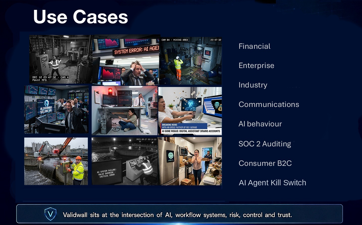 Validwall use cases including AI behaviour, SOC 2 auditing, Consumer B2C and AI Agent Kill Switch.